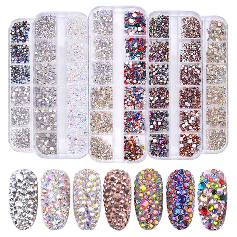 Nail Art Rhinestone 6/12Grids Box Nail Beads AB Crystal Flatback Pearl Jewelry Gems with Storage Organizer for Nail Decorations