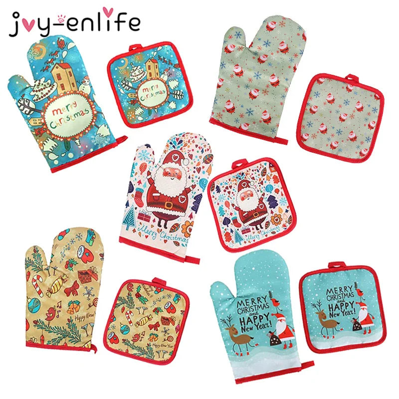 2pcs/set Christmas Baking Anti-Hot Gloves Pad Oven Dining BBQ Kitchen Mat New Year 2024 Natal Xmas Party Decoration Supplies