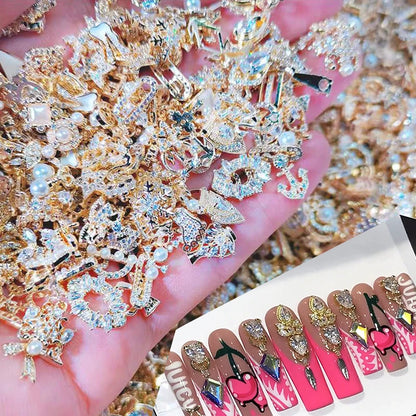 50PCS/Lot Metal Zircon Nail Charms Elegant Shapes Rhinestones Decoration With Gold Alloy Mix Styles Crystals Gem Nail Supply