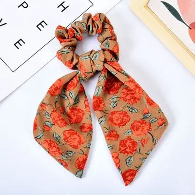 Floral Print Bow Satin Long Ribbon Ponytail Scarf Hair Tie Scrunchies Women Girls Elastic Hair Bands Hair Accessories