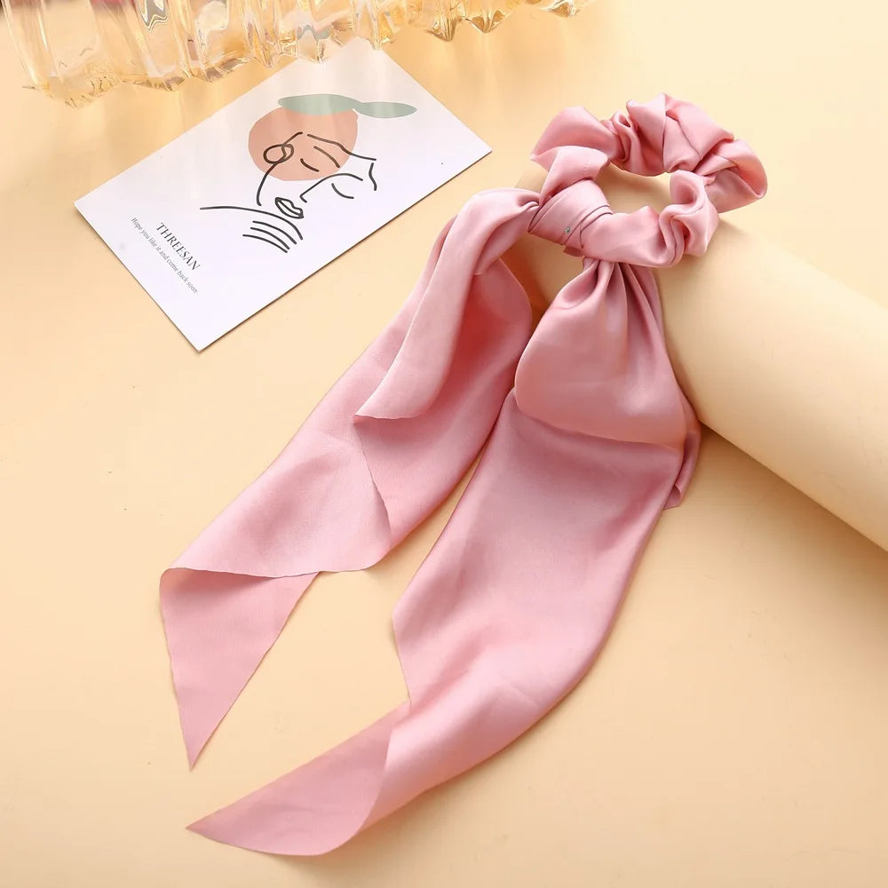 Floral Print Bow Satin Long Ribbon Ponytail Scarf Hair Tie Scrunchies Women Girls Elastic Hair Bands Hair Accessories