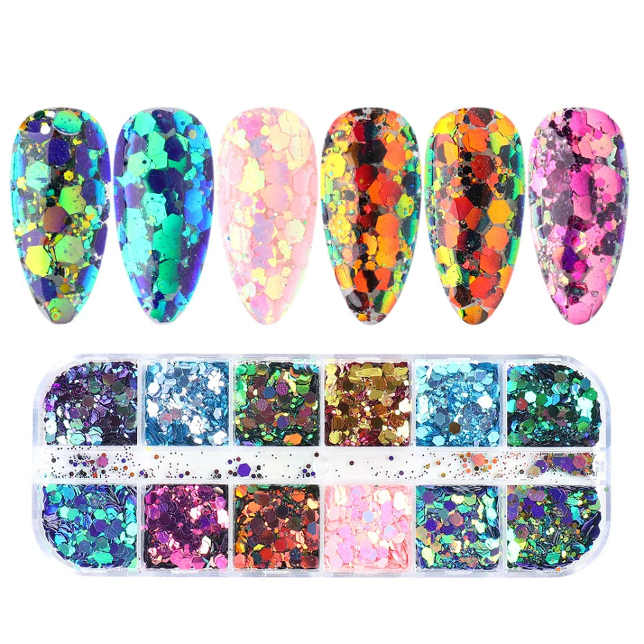 Iridescent Mixed Hexagon Nail Glitter Sequins Holo Flakes Nail Art Powder Gel Polish Paillette Manicure Accessories LADJ01-12-2