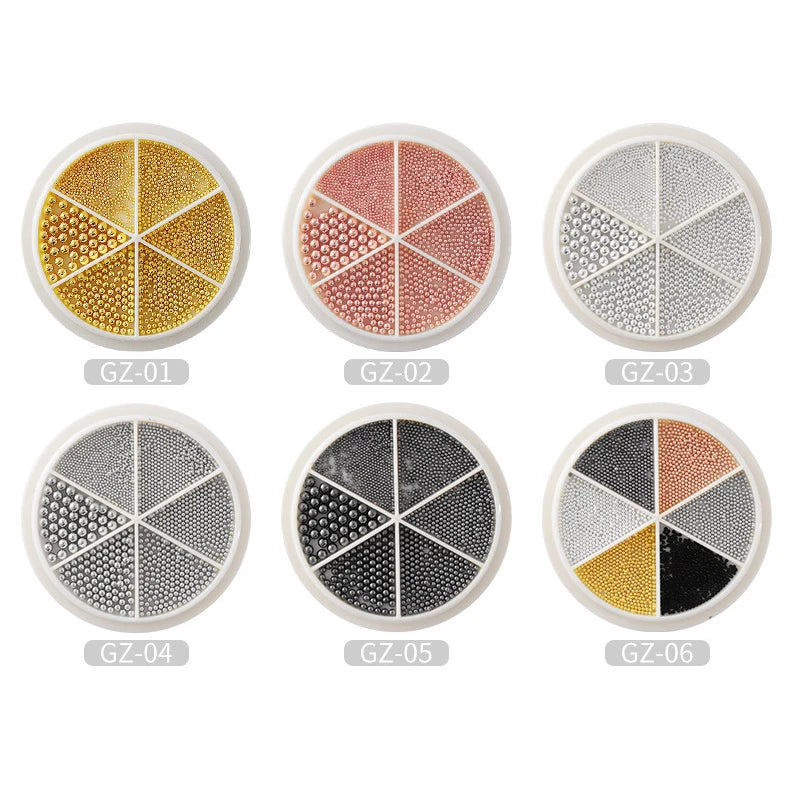 6 Grids Nail Art Tiny Steel Caviar Beads 0.8-1.5mm Mixed Size 3D Design Rose Gold Silver Jewelry Manicure DIY Decoration