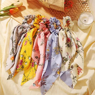 Floral Print Bow Satin Long Ribbon Ponytail Scarf Hair Tie Scrunchies Women Girls Elastic Hair Bands Hair Accessories