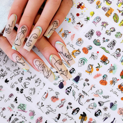 10Pcs Graffiti Picture Woman Face Design Abstract Nail Stickers Set Manicure Nail Art Decoration Transfer Paper Wraps Tips