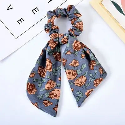 Floral Print Bow Satin Long Ribbon Ponytail Scarf Hair Tie Scrunchies Women Girls Elastic Hair Bands Hair Accessories