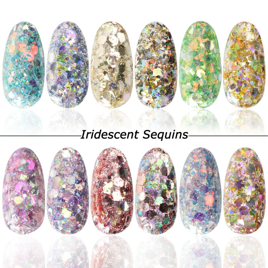 Iridescent Mixed Hexagon Nail Glitter Sequins Holo Flakes Nail Art Powder Gel Polish Paillette Manicure Accessories LADJ01-12-2