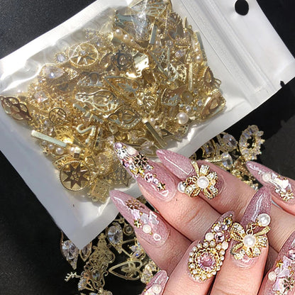 50PCS/Lot Metal Zircon Nail Charms Elegant Shapes Rhinestones Decoration With Gold Alloy Mix Styles Crystals Gem Nail Supply