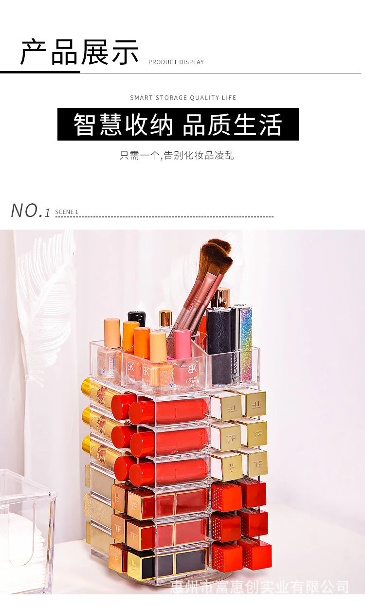 53 Lattices Acrylic Lipstick Tower 360 Degree Rotating Makeup Lip Gloss Storage Rack Nail Polish Organizer Cosmetic Display Case