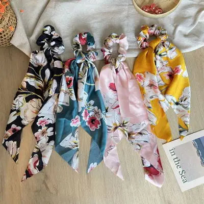 Floral Print Bow Satin Long Ribbon Ponytail Scarf Hair Tie Scrunchies Women Girls Elastic Hair Bands Hair Accessories