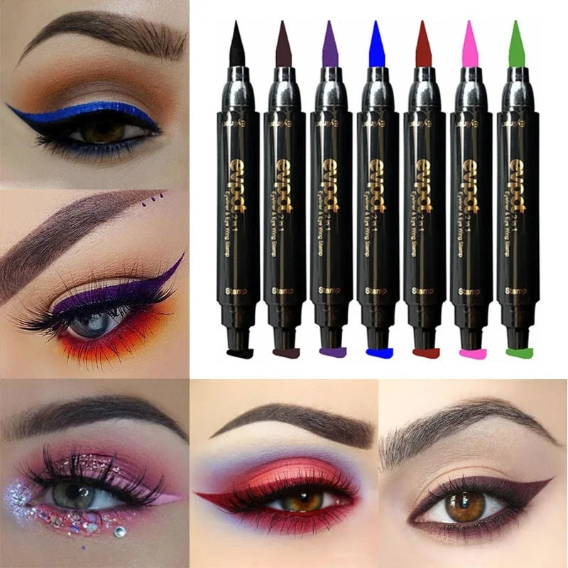 2 In1 Liquid Glitter Eyeliner Stamp Thin Seal Makeup Black Red Green Fast Dry Eye Liner Pencil 7 Color Blue Brown Smoky Eyes