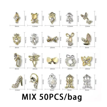 50PCS/Lot Metal Zircon Nail Charms Elegant Shapes Rhinestones Decoration With Gold Alloy Mix Styles Crystals Gem Nail Supply