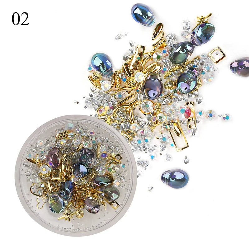 Box of Mixed 3D Rhinestones for Nail Art Decorations, Sparkle Crystal Gems Nail Jewelry Caviar Beads Charms Manicure Accessories