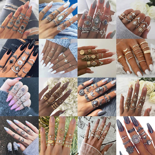 Bohemian Midi Knuckle Finger Rings Set For Women Vintage Crystal Elephant Crown Geometric Gold Color Ring Girl Wedding Jewelry