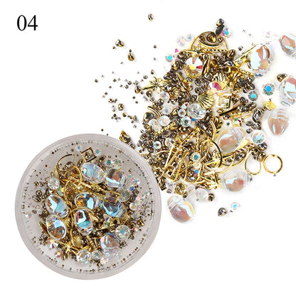 Box of Mixed 3D Rhinestones for Nail Art Decorations, Sparkle Crystal Gems Nail Jewelry Caviar Beads Charms Manicure Accessories