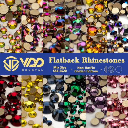 VDD 14400Pcs Wholesale SS4-SS20 Mix Size Glass Rhinestones Crystal Non-hotfix Gold FlatBack Stones For DIY Nail Art Accessories