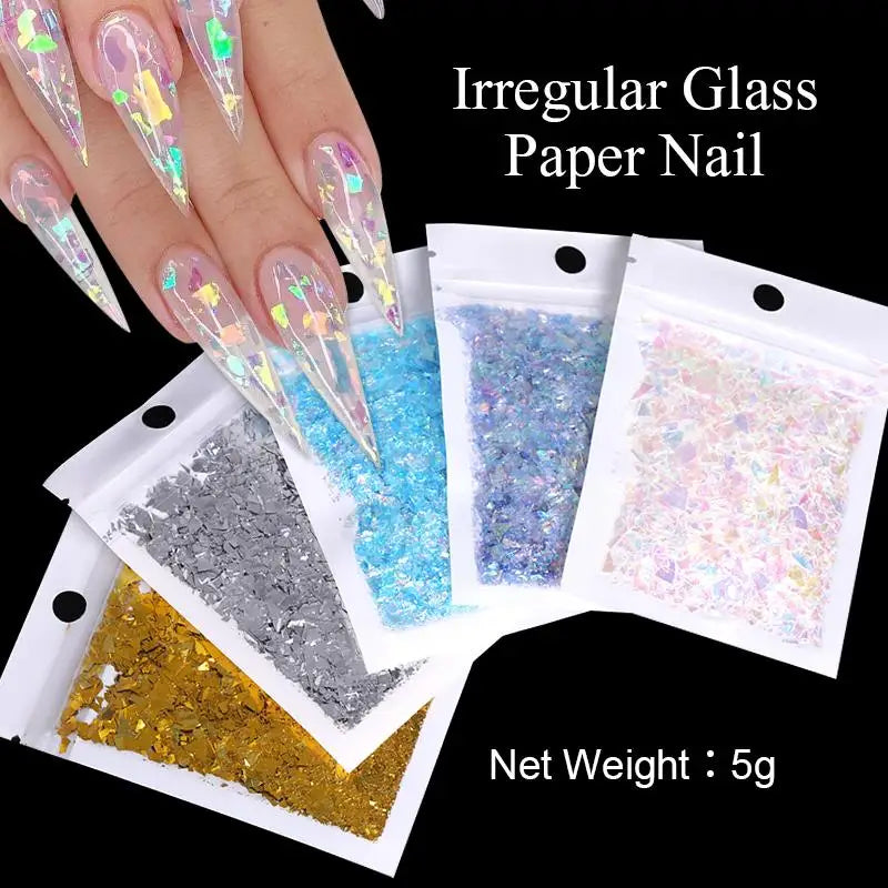 Irregular Glass Paper Nails Glitter Nail Flakes Slices Sparkly Sequins Paillette Tips 3D Nail Art Decoration DIY Manicure