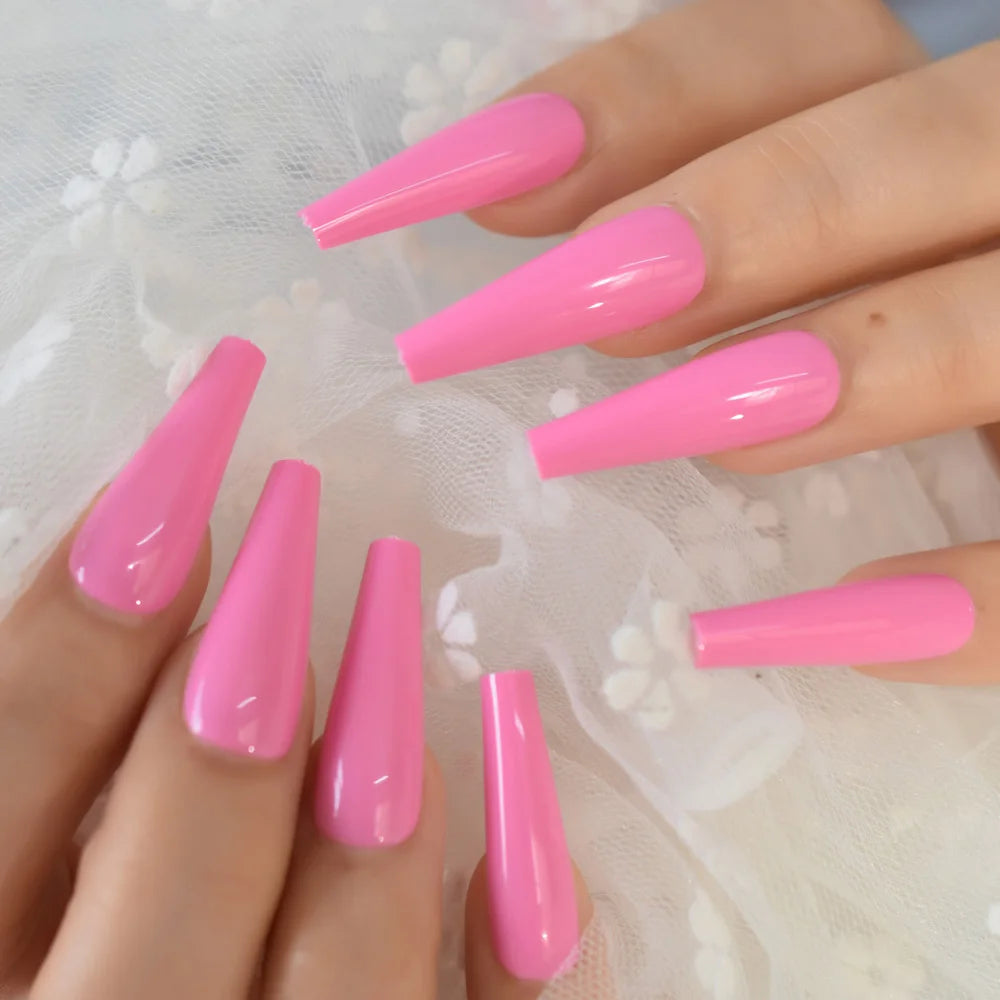 24pcs /set Super Long Fake Nails Coffin Glossy Artificial Press On Nails Pink False Girls Ballerina Full Cover Fingernails Tips