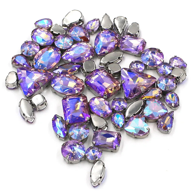 Clothing accessories mixed shape Crystal Violet AB glass crystal sewing rhinestones with silver base for dress/garment/shoes