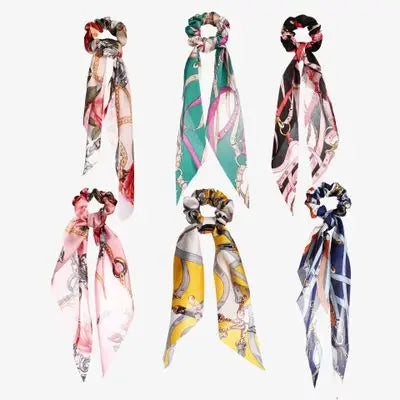 Floral Print Bow Satin Long Ribbon Ponytail Scarf Hair Tie Scrunchies Women Girls Elastic Hair Bands Hair Accessories