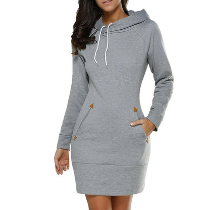 Women‘s Knee-Length Pockets Dress Hooded Warm Sweat Shirt Long Sleeve Side Zip Neckline Simple Casual Sports Skirt