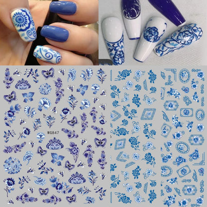 Retro Blue and White Porcelain Design 3D Nail Stickers, Self-Adhesive Slider Decals, Manicure Tips, DIY Accessories, 1Pc