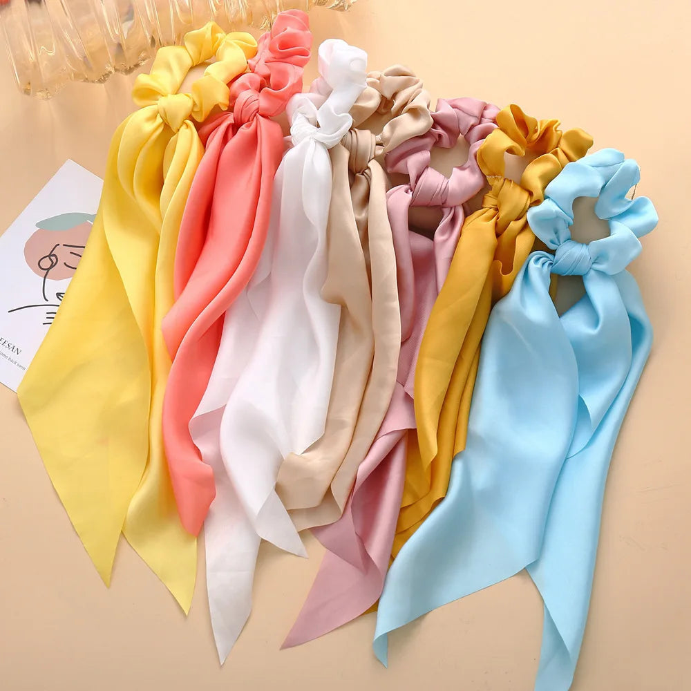 Floral Print Bow Satin Long Ribbon Ponytail Scarf Hair Tie Scrunchies Women Girls Elastic Hair Bands Hair Accessories