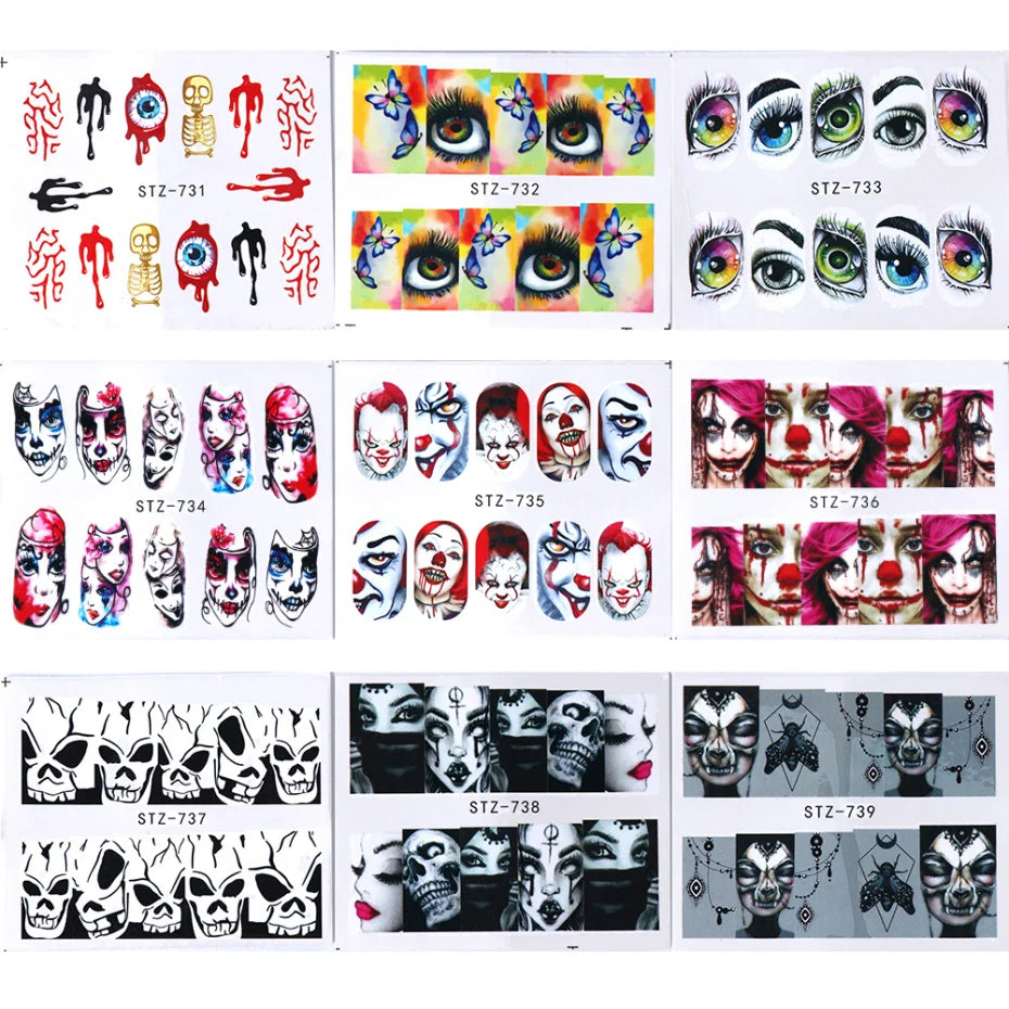 24 Pcs Halloween Nail Art Water Sticker Set Anime Skull Bone Decals Gel Polish Slider Accessories Nail Decorations LASTZ731-755