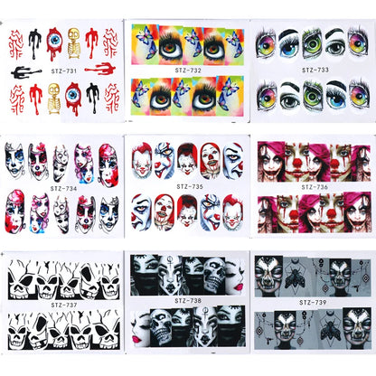 24 Pcs Halloween Nail Art Water Sticker Set Anime Skull Bone Decals Gel Polish Slider Accessories Nail Decorations LASTZ731-755