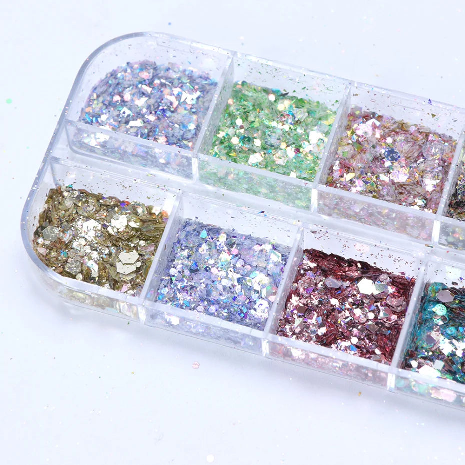 Iridescent Mixed Hexagon Nail Glitter Sequins Holo Flakes Nail Art Powder Gel Polish Paillette Manicure Accessories LADJ01-12-2