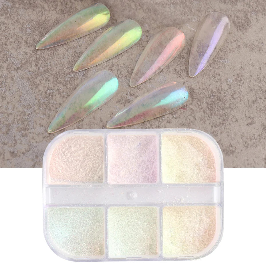 6 Grids Nail Glitter Aurora Mirror Powder  Pearl Shell Rubbing Pigment Soap Sparkly Charm Nails Art Design Accessory LA1909-12