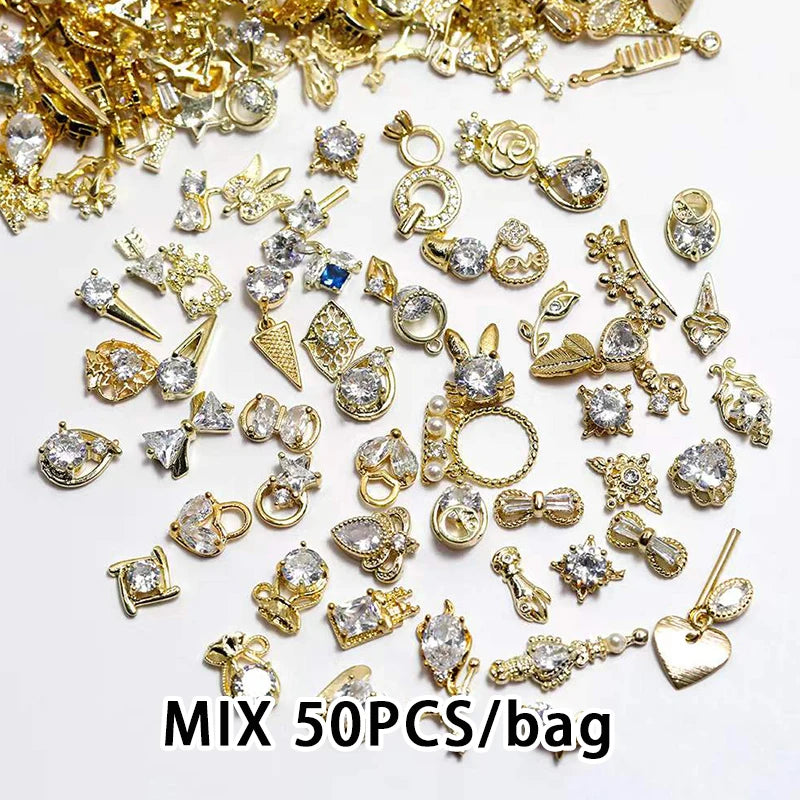 50PCS/Lot Metal Zircon Nail Charms Elegant Shapes Rhinestones Decoration With Gold Alloy Mix Styles Crystals Gem Nail Supply