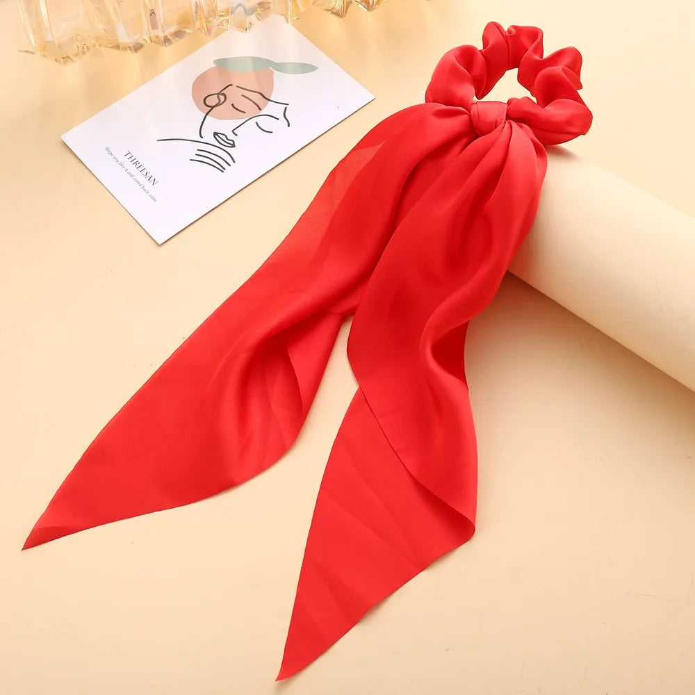 Floral Print Bow Satin Long Ribbon Ponytail Scarf Hair Tie Scrunchies Women Girls Elastic Hair Bands Hair Accessories