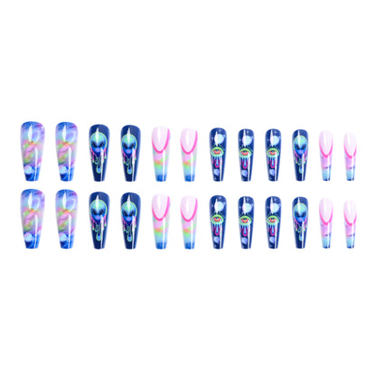 24Pcs Black Ballet False Nails Long Coffin Nail Tips Detachable Press on Nails DIY Manicure Colorful Eyes Designs Fake Nails