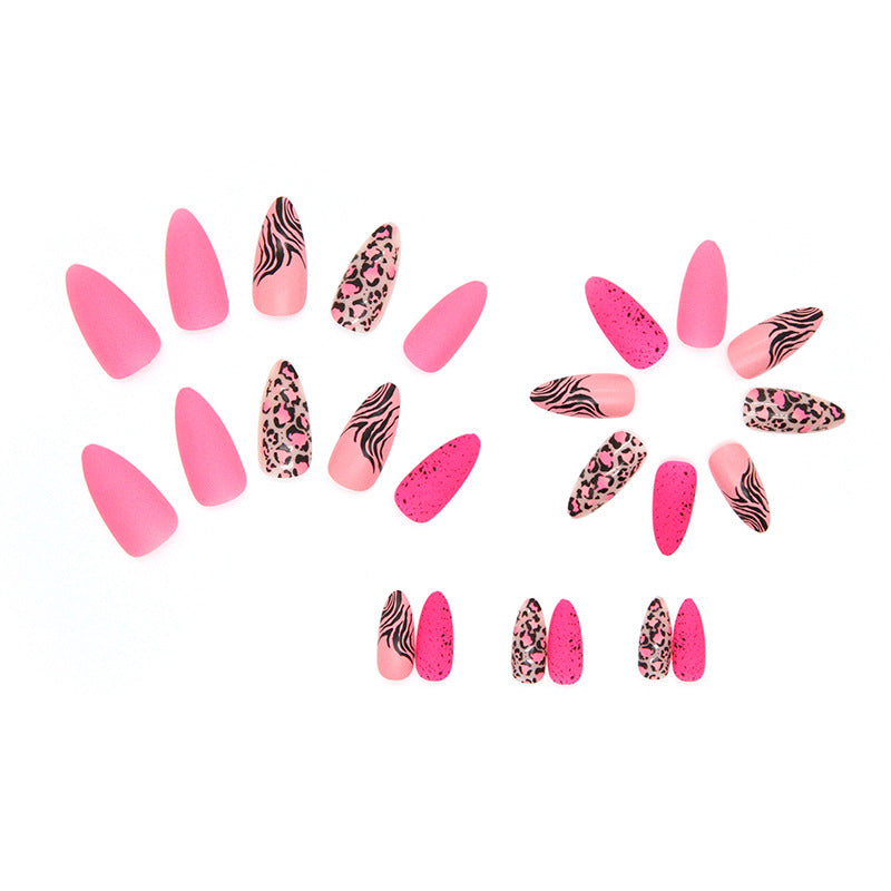 24Pcs long stiletto False Nails Wearable  Almond Fake Nails Pink Leopard Print Design Bright color Full Cover Press on Nails