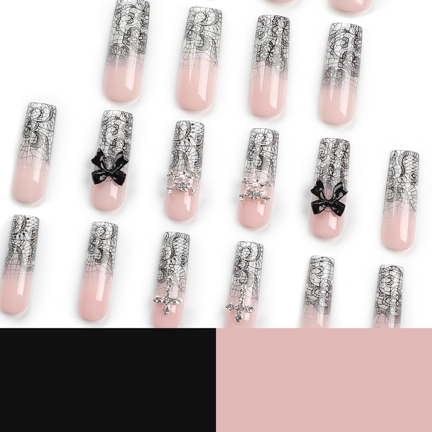 24Pcs Long Square Fake Nails with Pearl Wearable Ballet False Nails Bow Flower Design Pink French Press on Nails Full Nail Tips