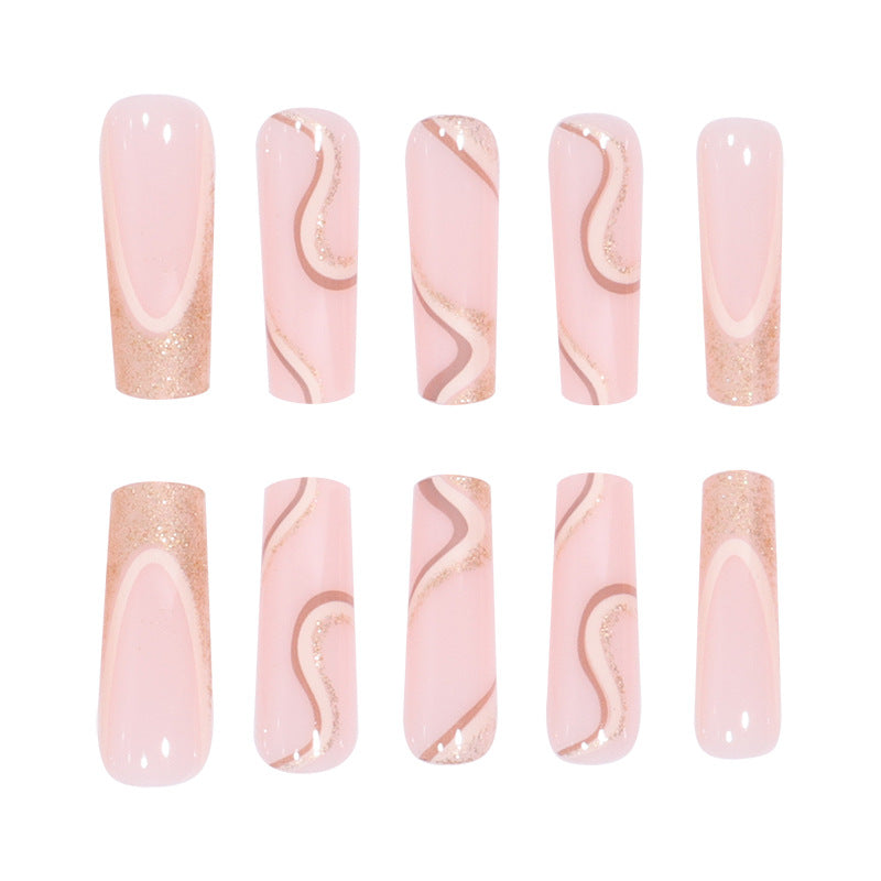 24Pcs Full Cover False Nails with Glitter Gold Line Detachable French Coffin Fake Nail Tips Long Square Head Nails Set Press On