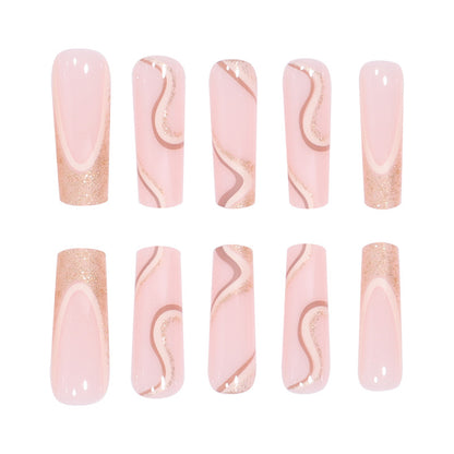 24Pcs Full Cover False Nails with Glitter Gold Line Detachable French Coffin Fake Nail Tips Long Square Head Nails Set Press On