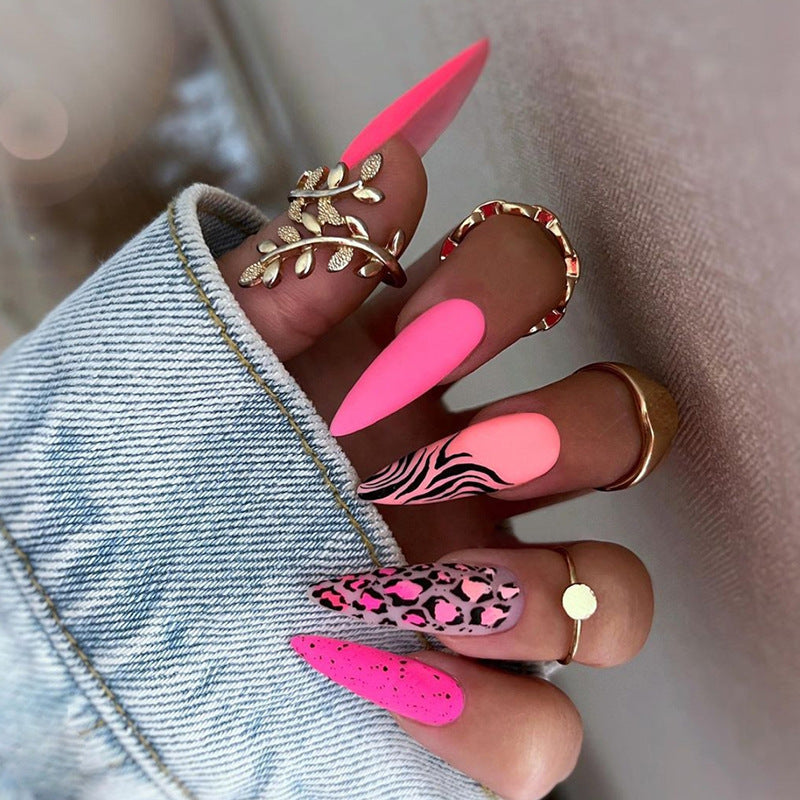 24Pcs long stiletto False Nails Wearable  Almond Fake Nails Pink Leopard Print Design Bright color Full Cover Press on Nails