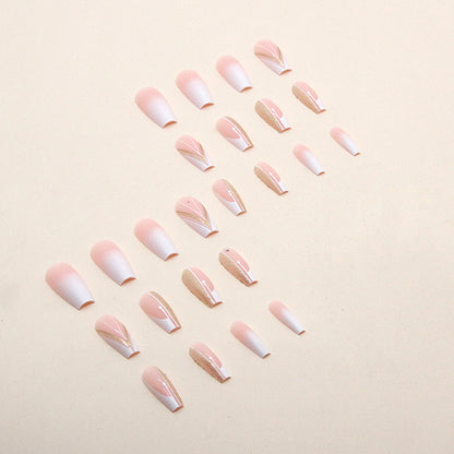 24Pcs Short Square French False Nails with Flower Shiny White Edge Design Pink Glitter Fake Nails Full Cover Press on Nails Tips