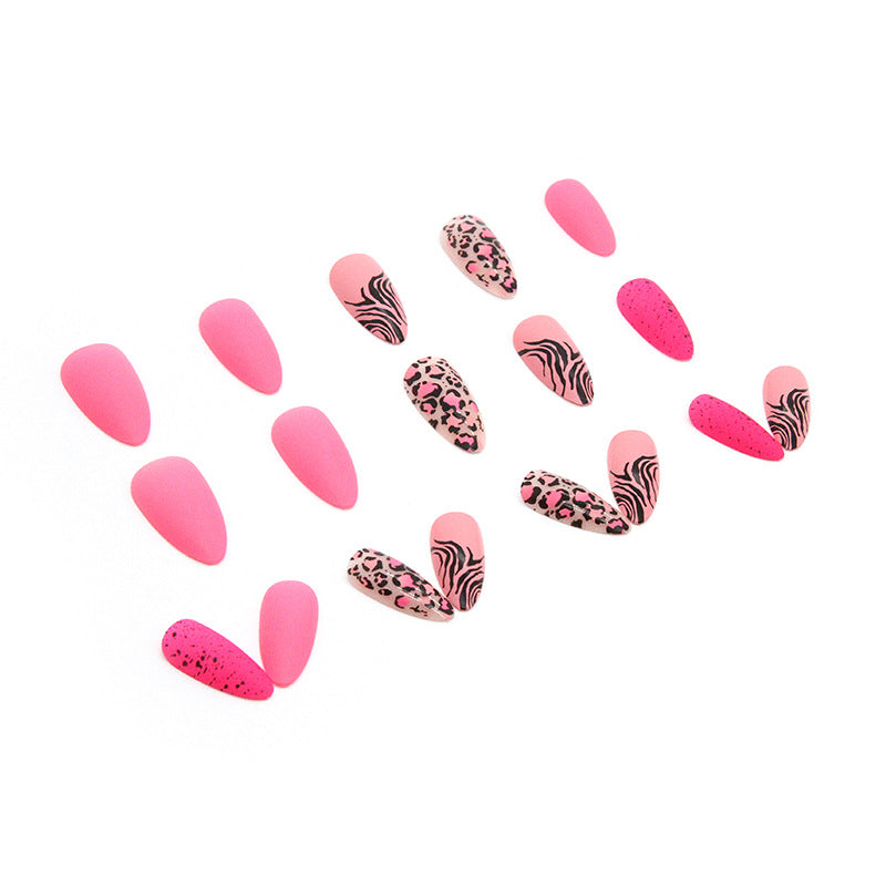 24Pcs long stiletto False Nails Wearable  Almond Fake Nails Pink Leopard Print Design Bright color Full Cover Press on Nails