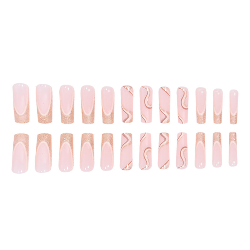 24Pcs Full Cover False Nails with Glitter Gold Line Detachable French Coffin Fake Nail Tips Long Square Head Nails Set Press On