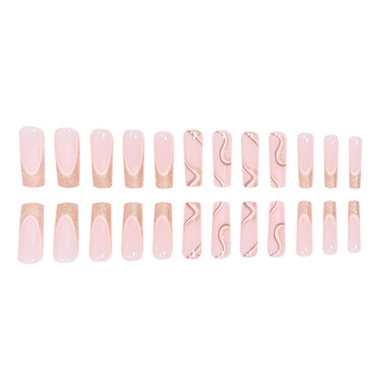 24Pcs Full Cover False Nails with Glitter Gold Line Detachable French Coffin Fake Nail Tips Long Square Head Nails Set Press On