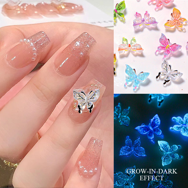 30Pcs Luminous Butterfly Nail Charms Glow In The Dark Parts 5D Nail Art Manicure Accessories Nail Decoration Supplies