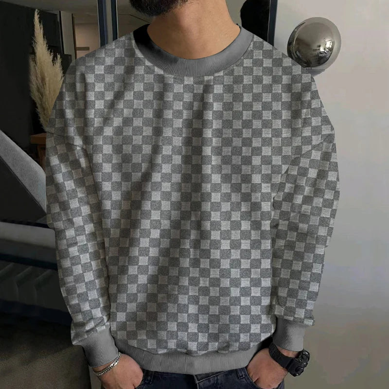 2024 Autumn/Winter New Men's Knitwear Heavyweight Jacquard Checkerboard Round Neck Casual Bottom Long sleeved Top