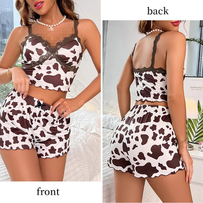 New Women's Printed Sleeveless V-Neck Camouflage Contrasting Lace Spaghetti Strap Top with Shorts Pajama Set