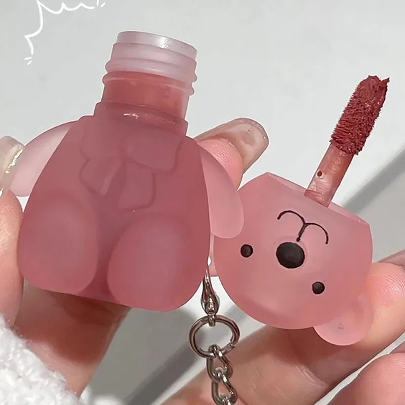 Cute Bear Keychain Lip Mud Matte Velvet Mousse Grey Pink Lipstick Waterproof Long Lasting Non-Stick Cup LipGloss Korean Cosmetic