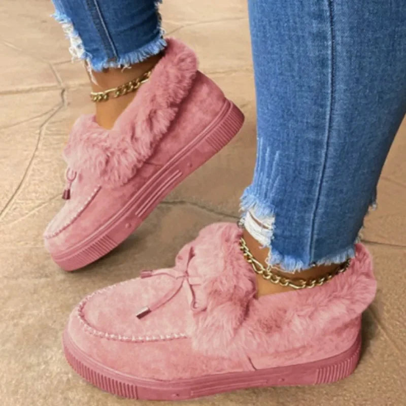 Solid Color Furry Females Feetwear Women Winter Cotton Shoes Plush Warm Snow Boots Ladies Casual Flat Short Boots 2023