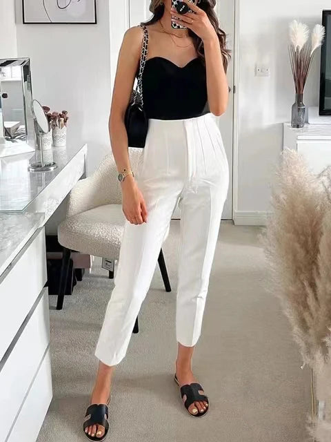 TRAF Women Fashion With Pockets Casual Basic Solid Pants Vintage High Waist Zipper Fly Female Ankle Trousers Pantalones Mujer