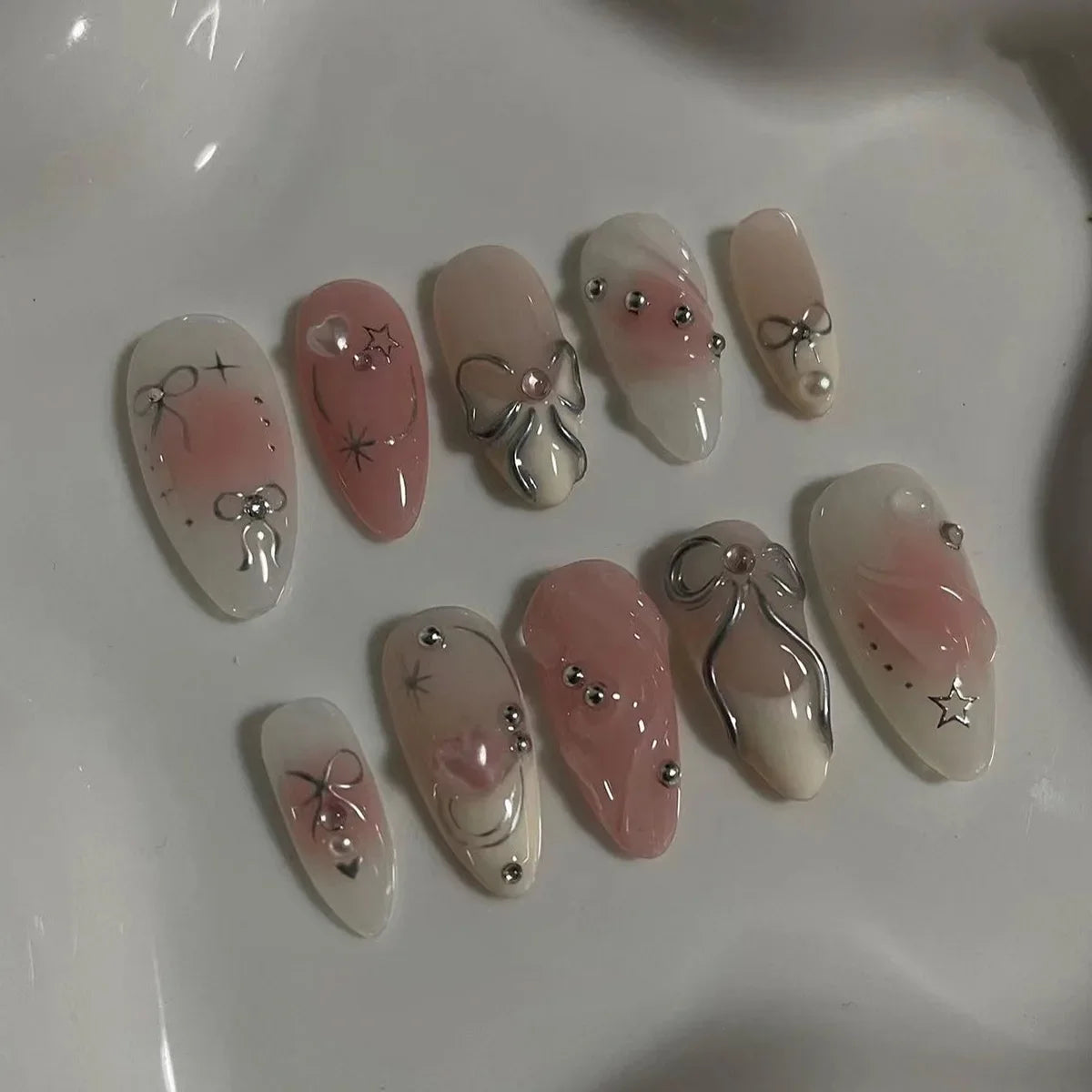 24Pcs Pink French Press on Nails 3D Bow Flower Pearl Design False Nails Short Almond Fake Nails Wearable Full Cover Nail Tips